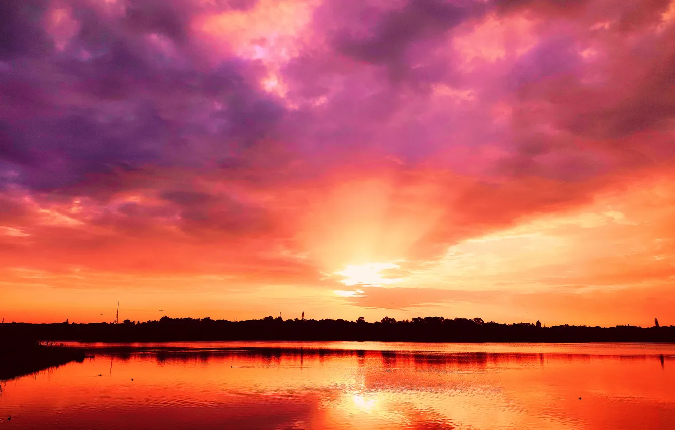 Фото обои Sky, Sun, Water, Sunrise, Dawn, Morning, Lake, Trees