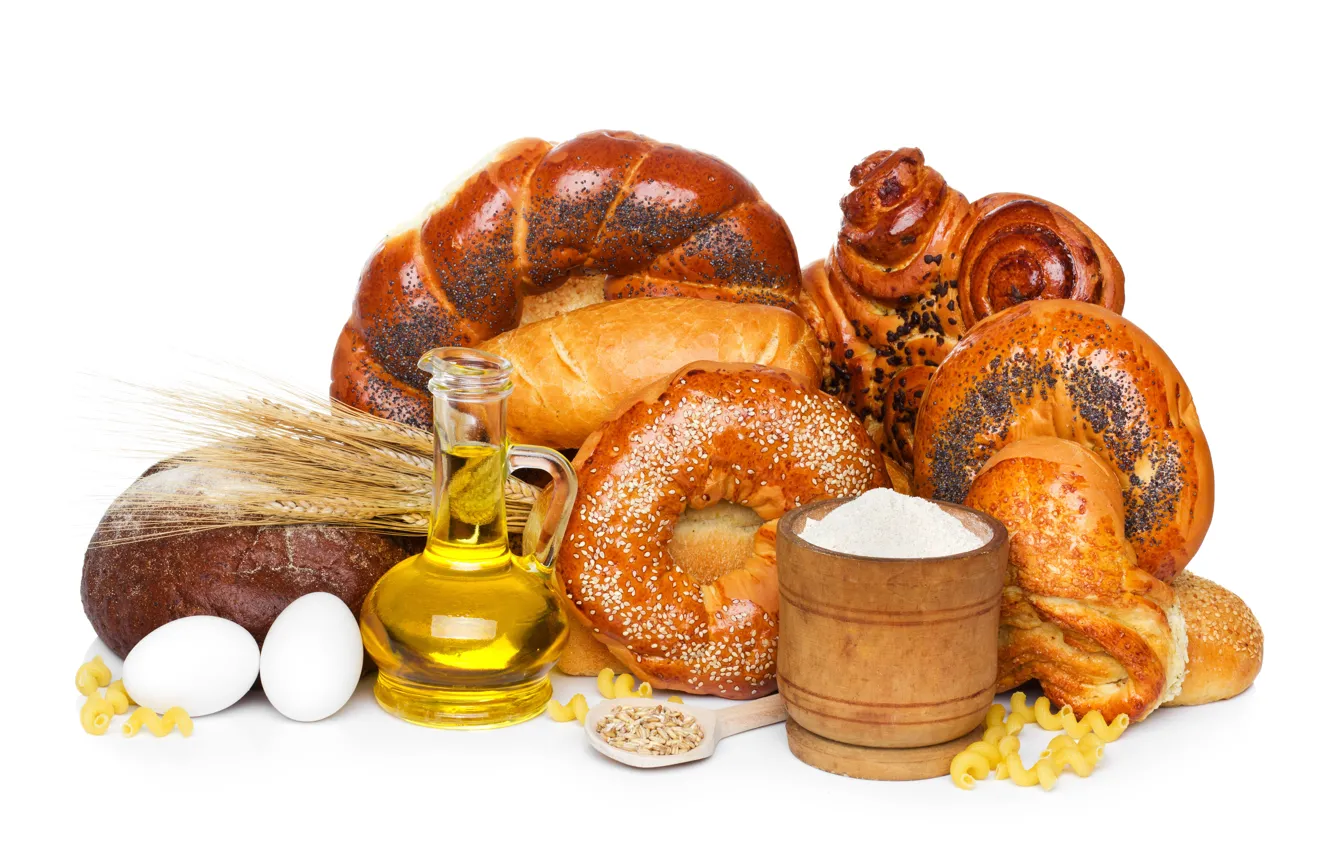 Фото обои масло, яйца, колоски, хлеб, белый фон, выпечка, булочка, мука