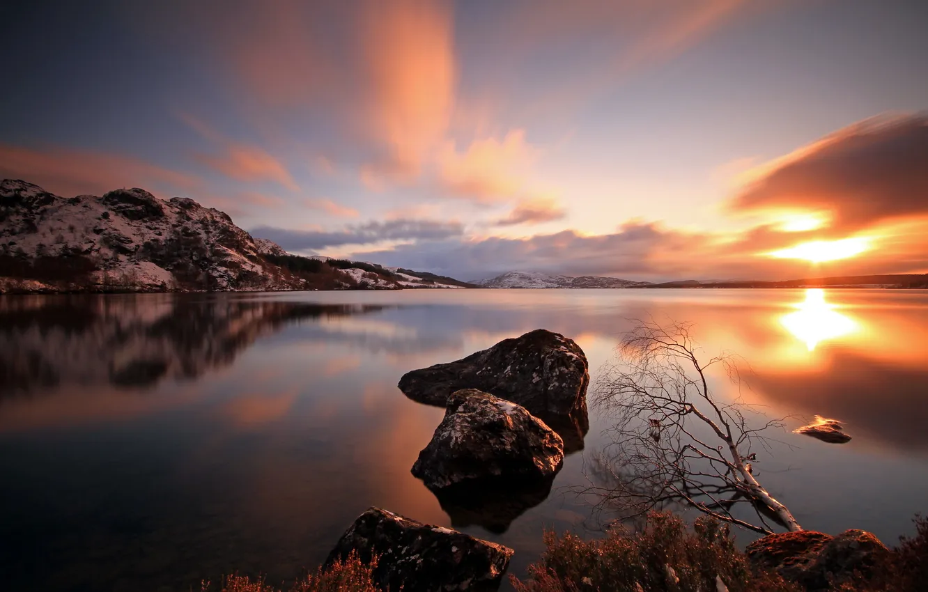 Фото обои пейзаж, закат, природа, озеро, камни