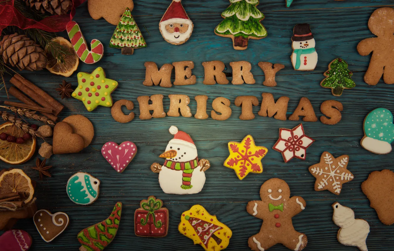 Фото обои Новый Год, печенье, Рождество, wood, Merry Christmas, cookies, decoration, пряники
