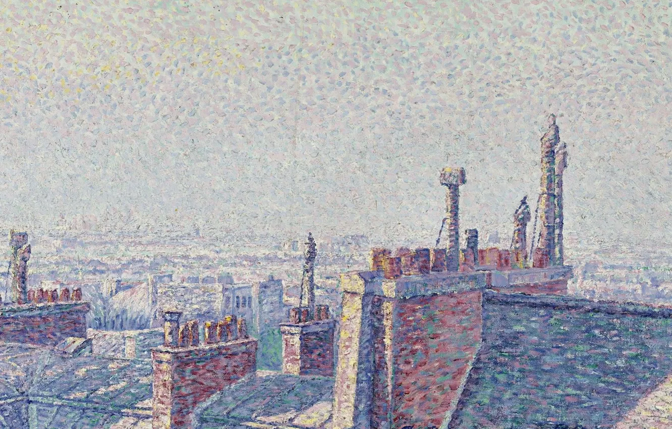 Фото обои картина, городской пейзаж, Gustave Cariot, пуантилизм, Гюстав Карио, Крыши Парижа