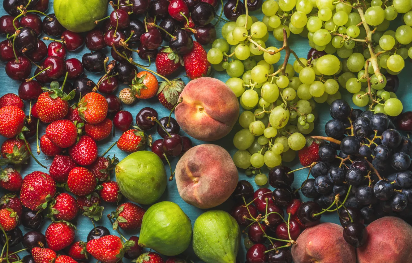 Фото обои вишня, клубника, ягода, виноград, фрукты, персики