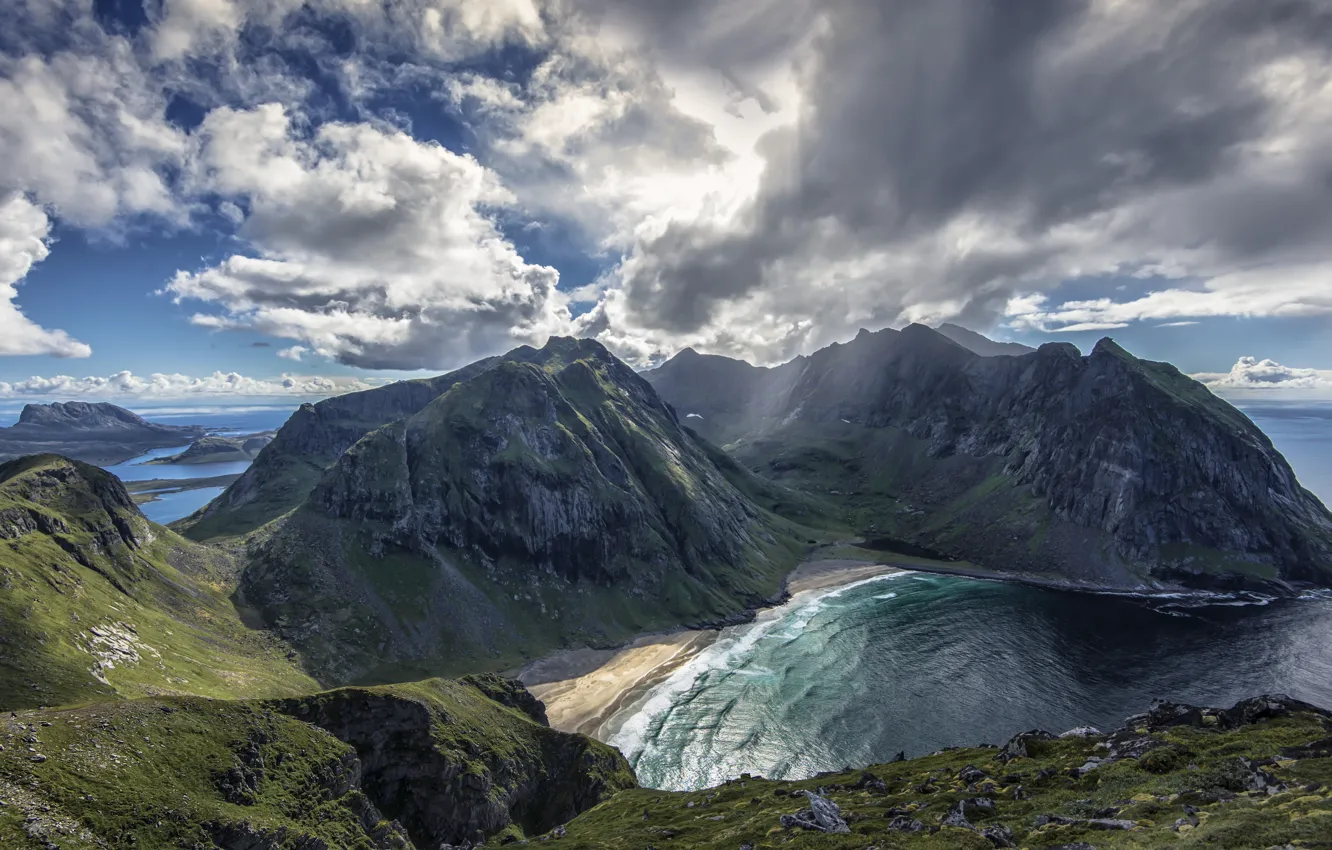 Фото обои море, небо, облака, горы, Норвегия, Norway, Kvalvika