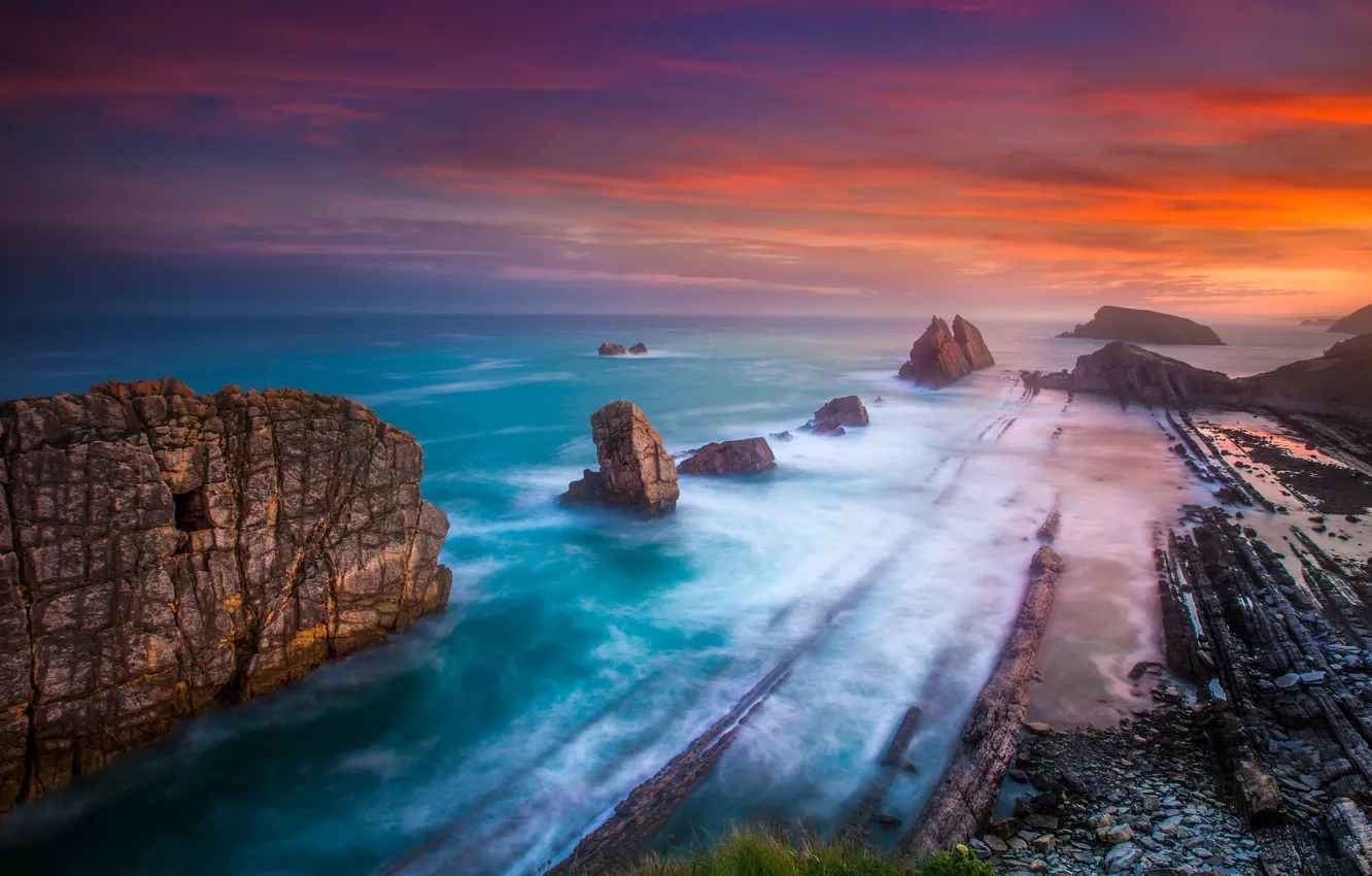 Фото обои sea, sunset, rocks, shore, nature landscape