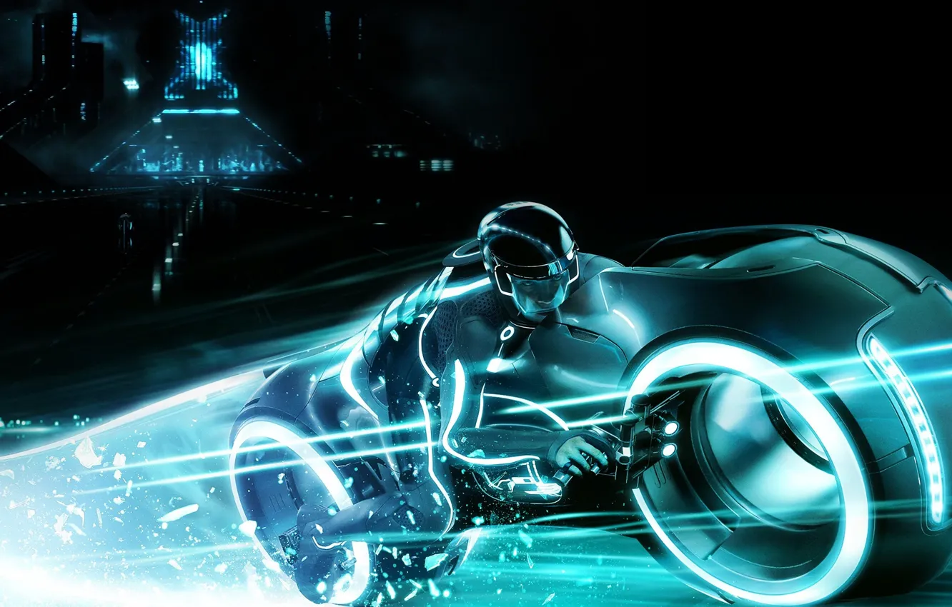Фото обои чувак, neon, tron 2, световой мотоцикл