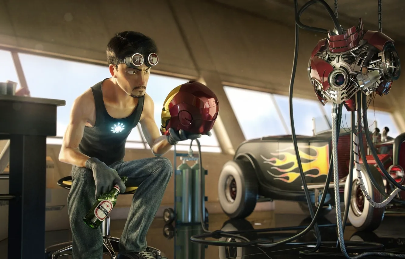 Фото обои железный человек, очки, Tony Stark, пиво, машина