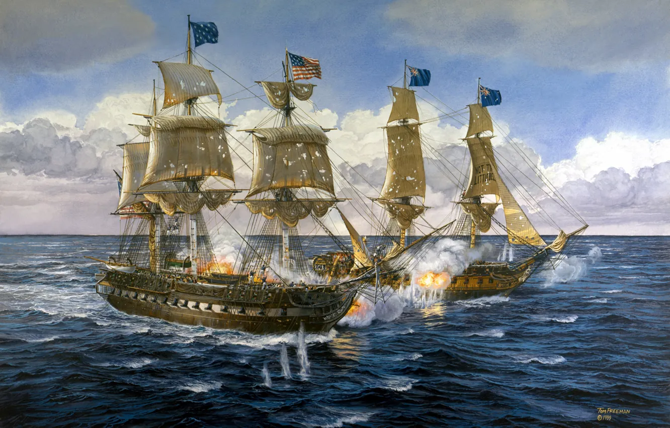 Фото обои взрывы, корабли, всплески, бой, воды, арт, художник, флот