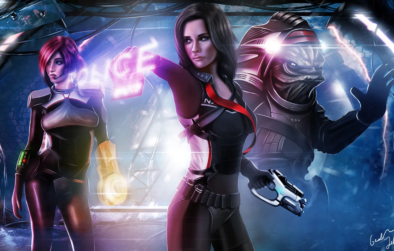 Фото обои оружие, значок, полиция, костюм, Mass Effect, Шепард, фанарт