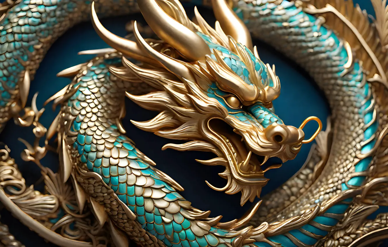 Фото обои дракон, colorful, Новый год, golden, золотой, symbol, китайский, символ года