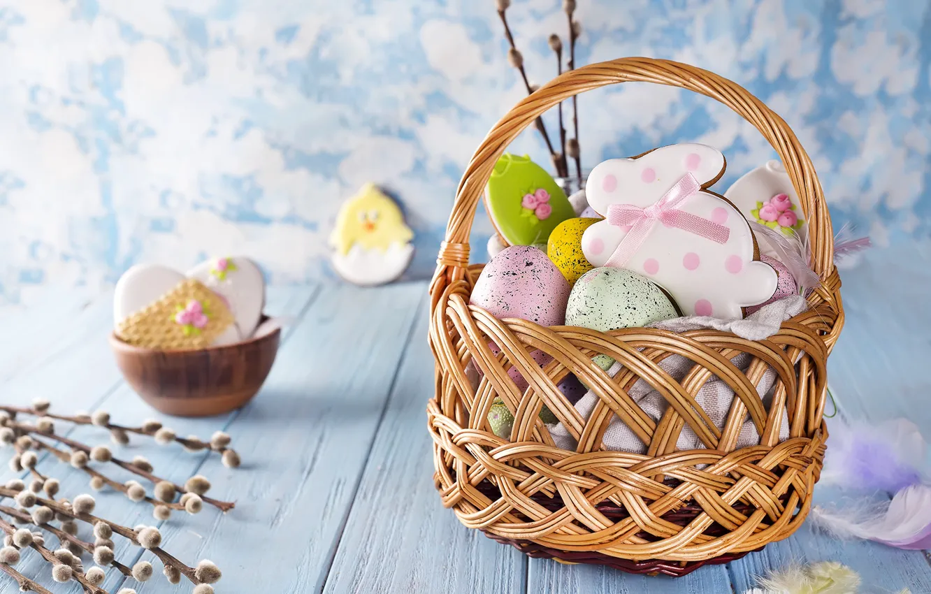 Фото обои корзина, яйца, Пасха, разноцветные, Easter