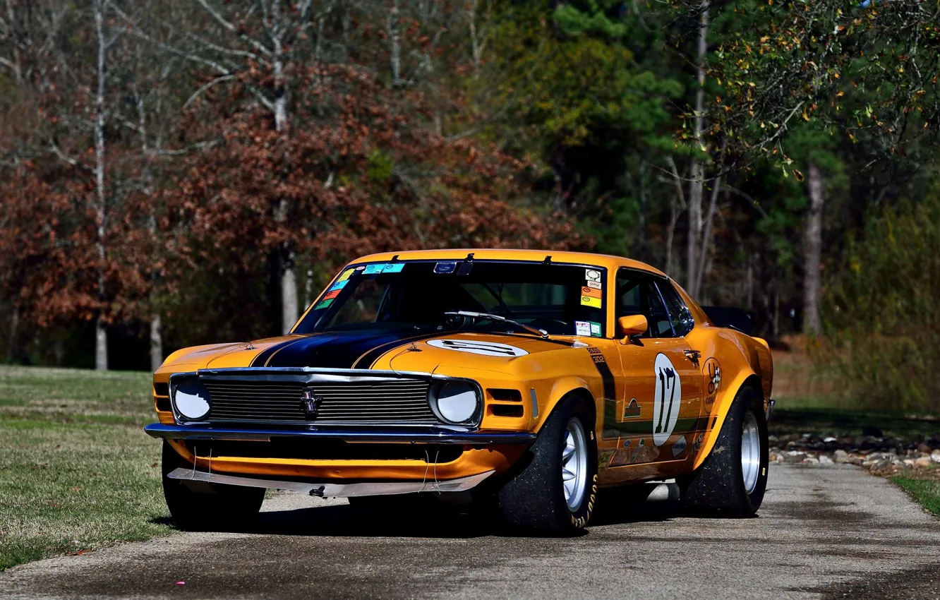Фото обои Boss 302, Ford Mustang, yellow, 1970, race car