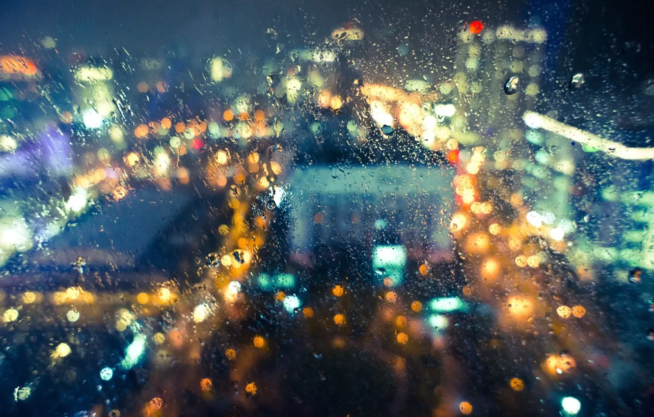 Фото обои стекло, капли, свет, город, дождь, мокрое, боке