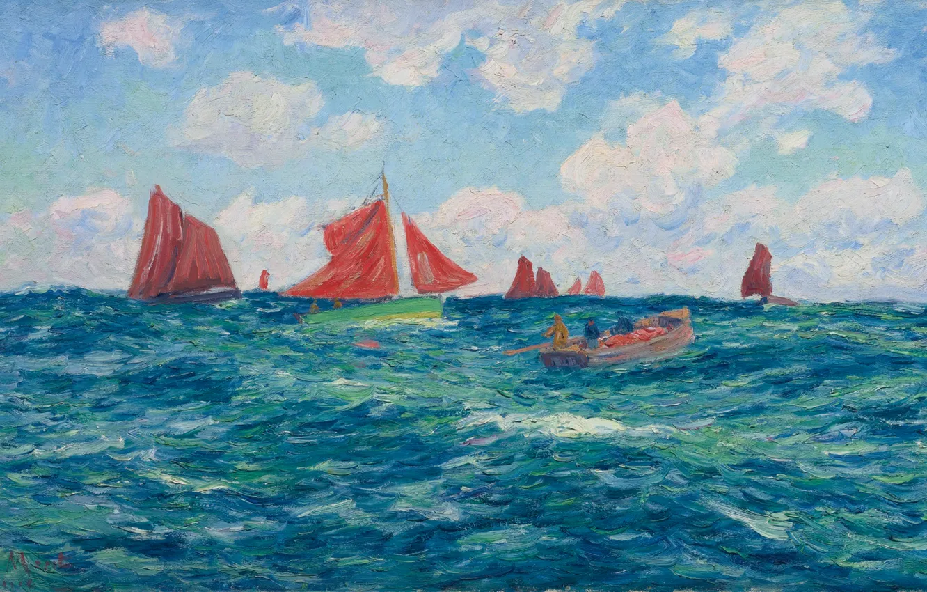 Фото обои небо, облака, картина, лодки, парус, морской пейзаж, Henri Moret, Fishing Boats off the Coast