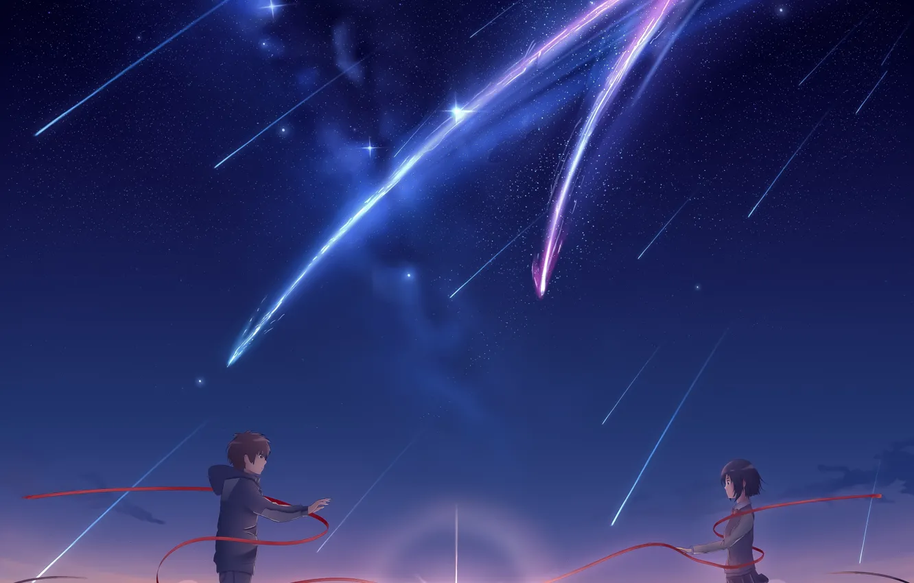 Фото обои девушка, закат, вечер, кометы, парень, Твоё Имя, Kimi No Na Wa