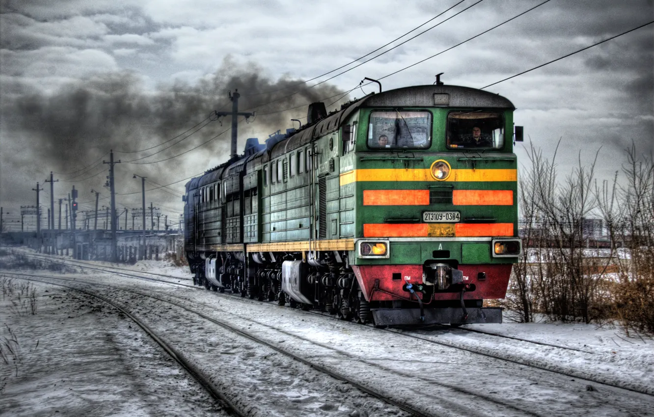 Фото обои зима, hdr, железная дорога, локомотив