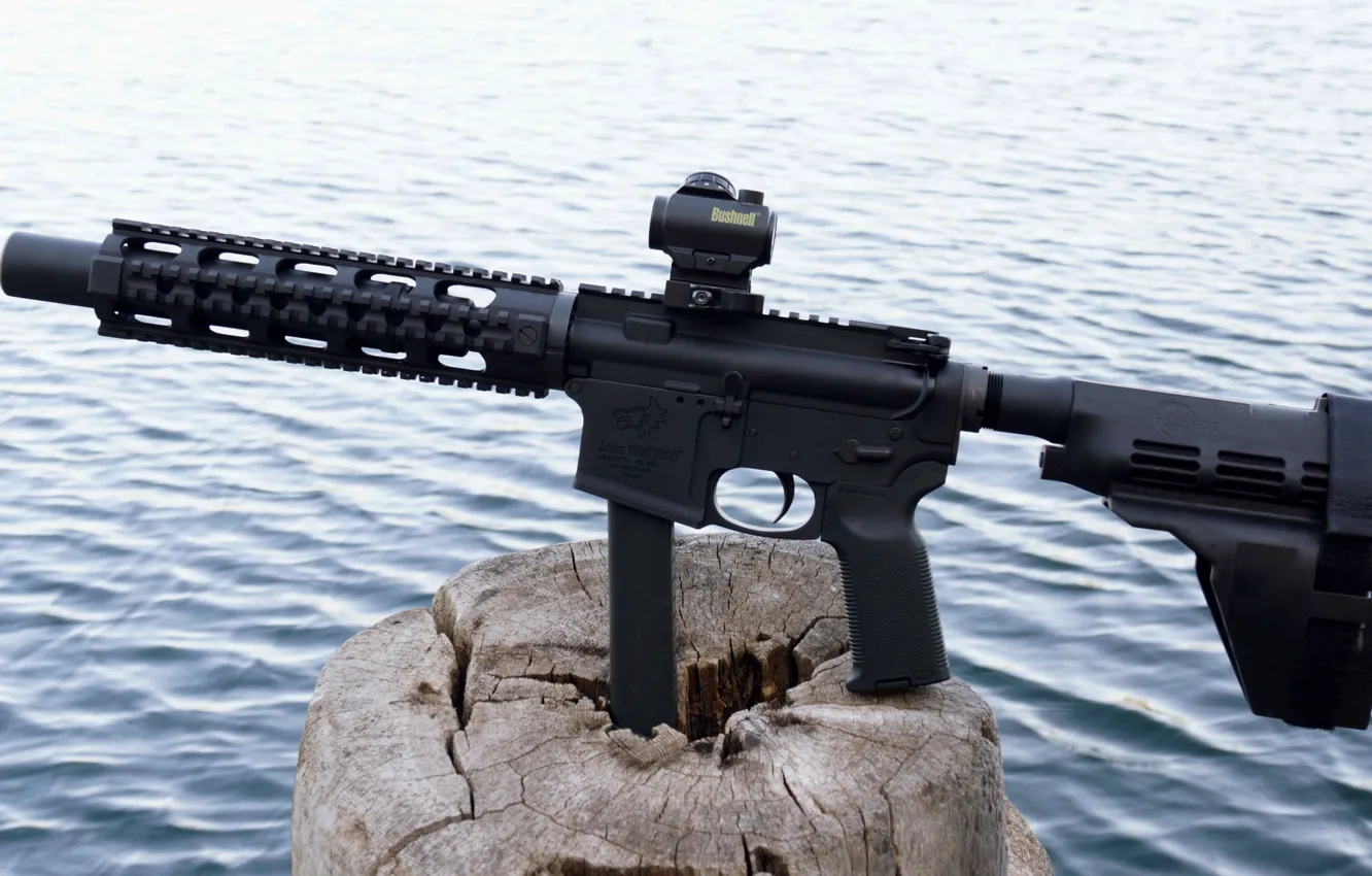 Фото обои gun, weapon, nature, wood, lake, 9mm, rifle, AR-15