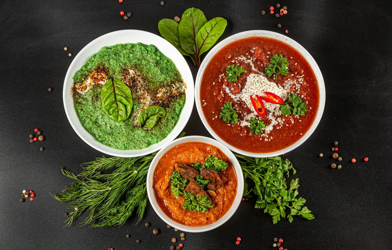 Фото обои зелень, суп, мясо, перец, овощи, блюдо, специи