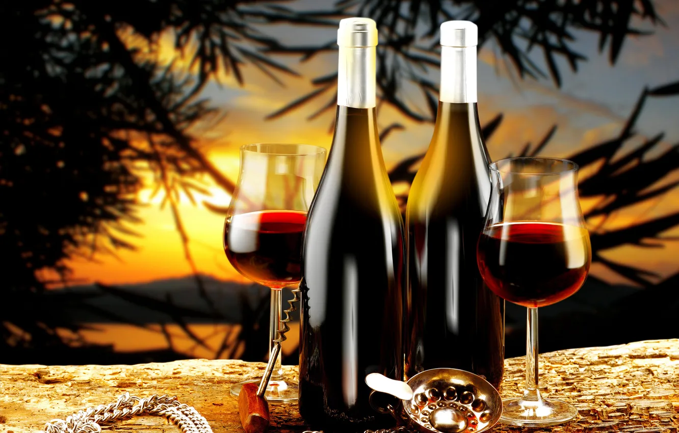 Фото обои пейзаж, закат, вино, бокалы, бутылки, штопор