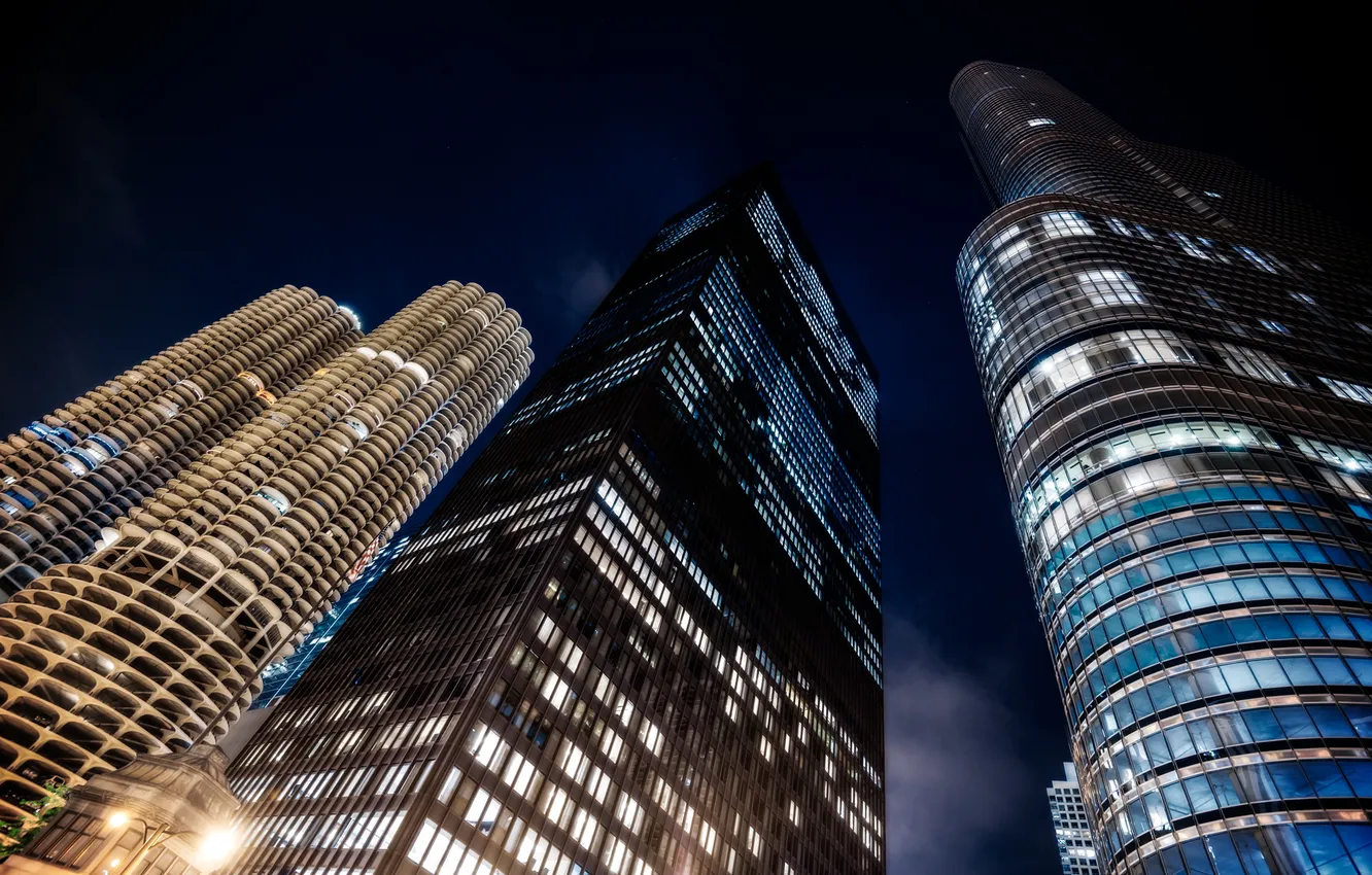 Фото обои ночь, огни, здания, небоскребы, USA, чикаго, Chicago, высотки
