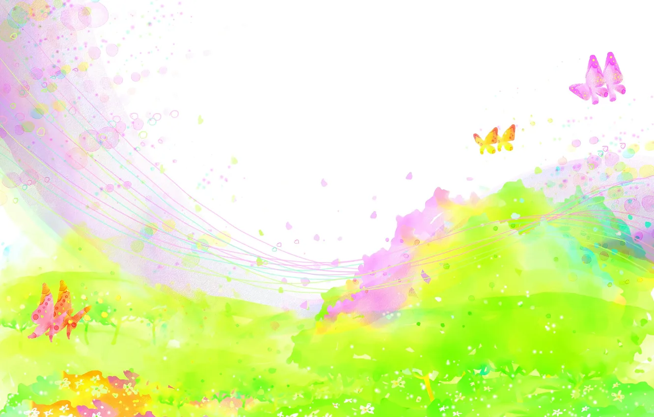 Фото обои поле, бабочки, цветы, брызги, краски, детские обои