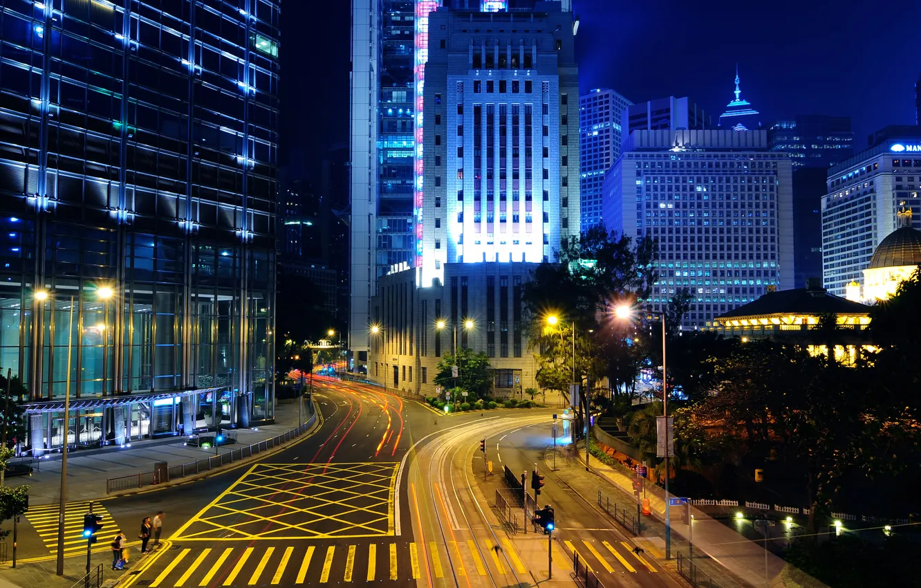Фото обои дорога, ночь, огни, здания, гонконг, hong kong