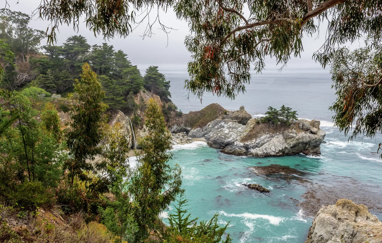 Фото обои море, камни, скалы, побережье, водопад, Калифорния, США, утесы