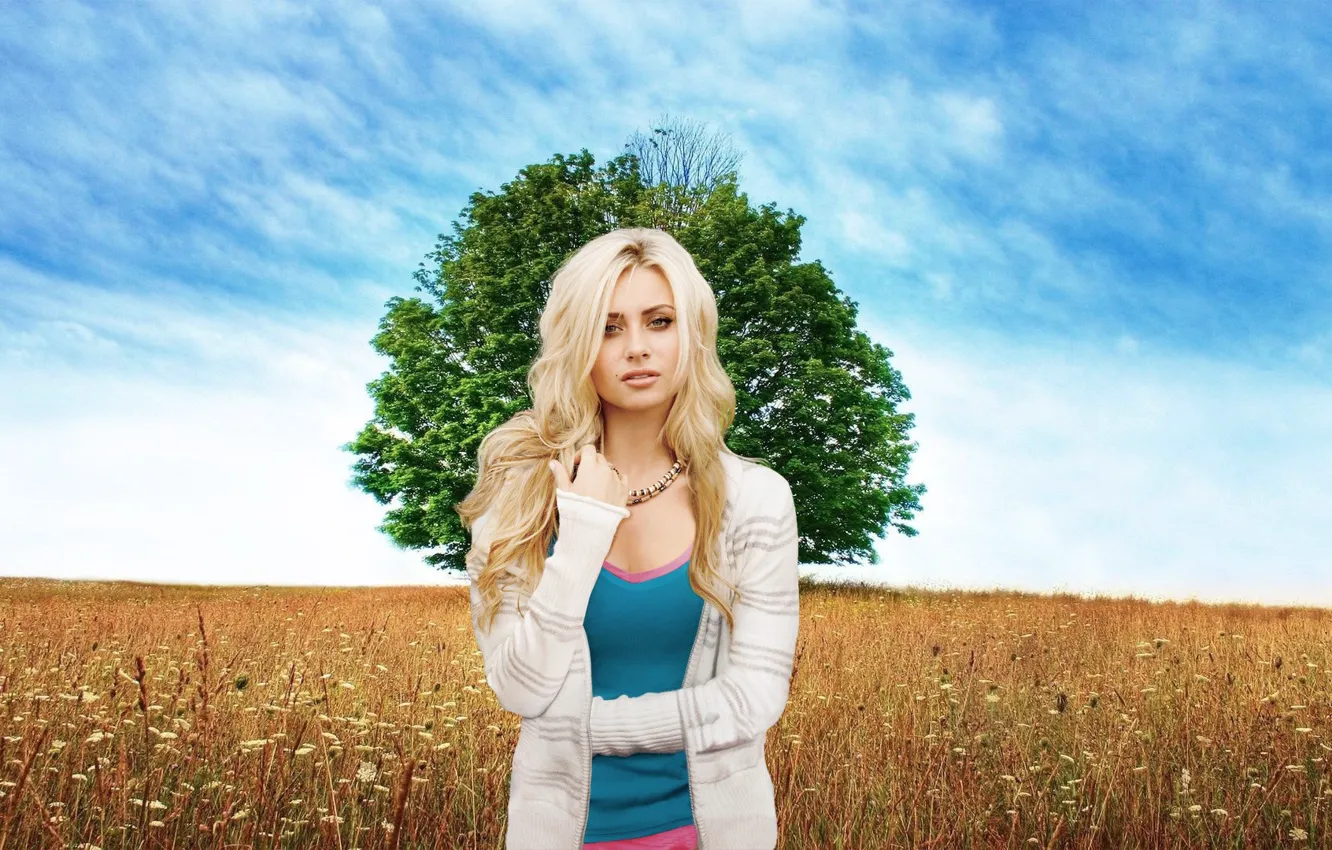 Фото обои поле, небо, девушка, дерево, луг, блондинка, красивая