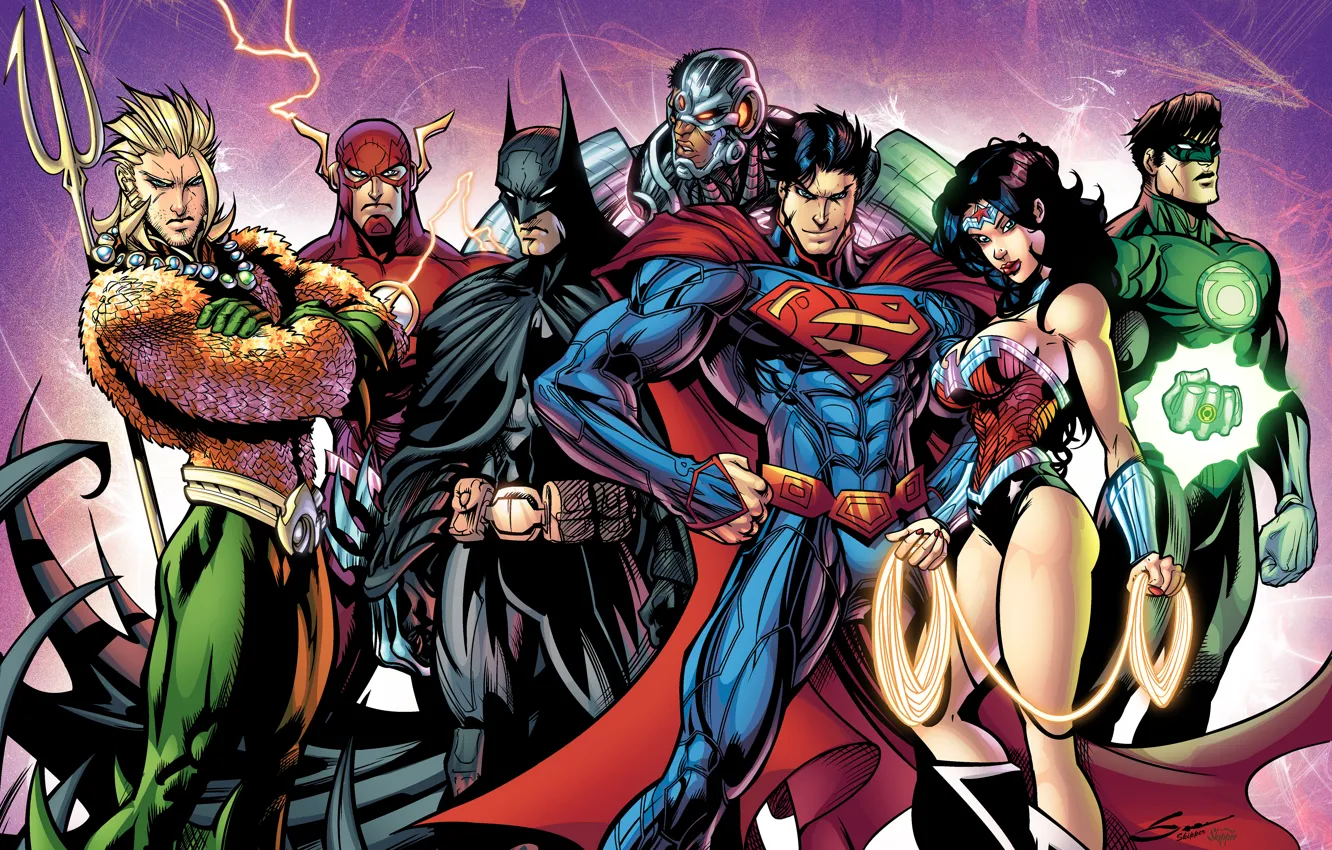 Фото обои batman, superman, dark knight, green lantern, wonder woman, cyborg, the flash, Justice League