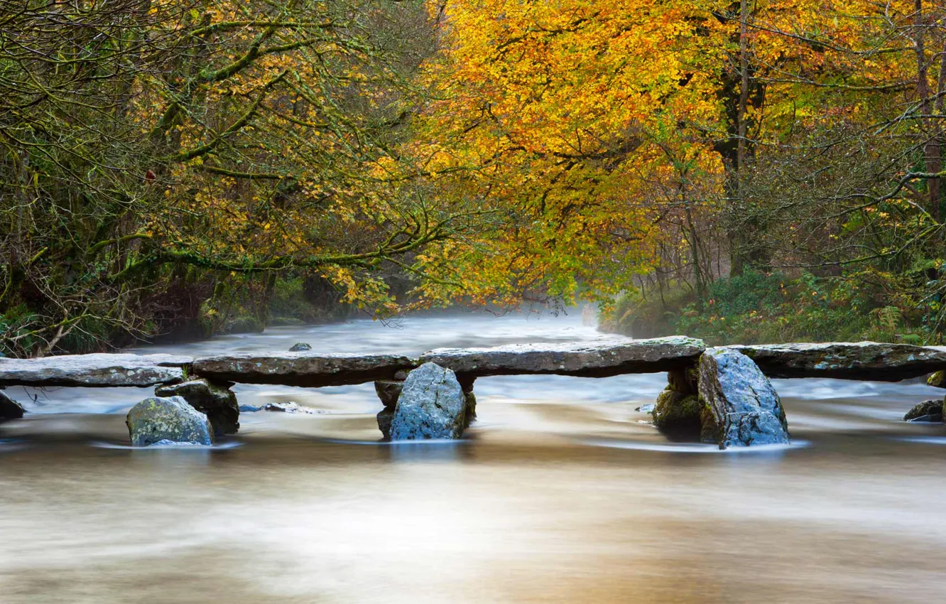 Фото обои мост, река, Англия, Сомерсет, Exmoor National Park, Барл, Tarr Steps Clapper Bridge