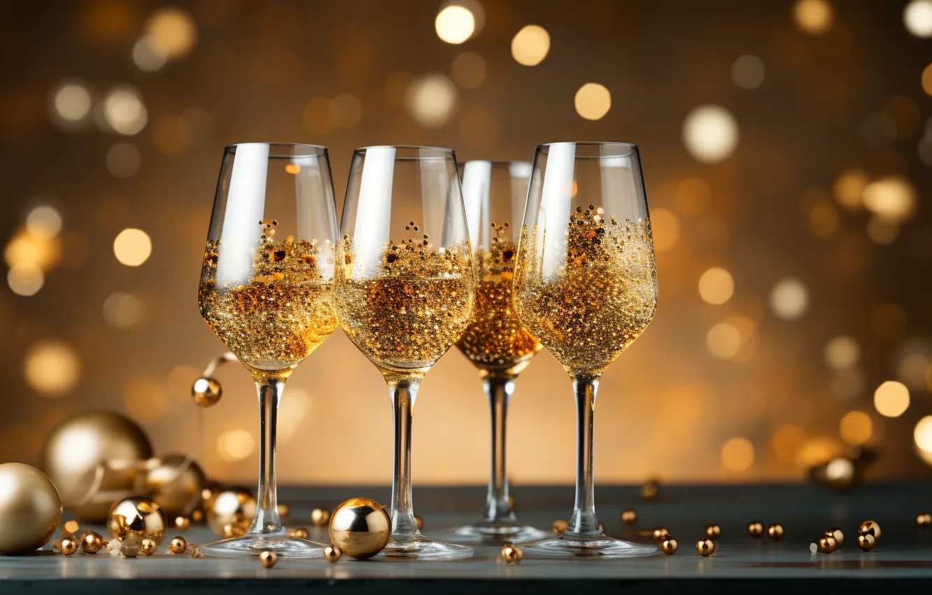 Фото обои украшения, золото, шары, Новый Год, бокалы, golden, new year, шампанское