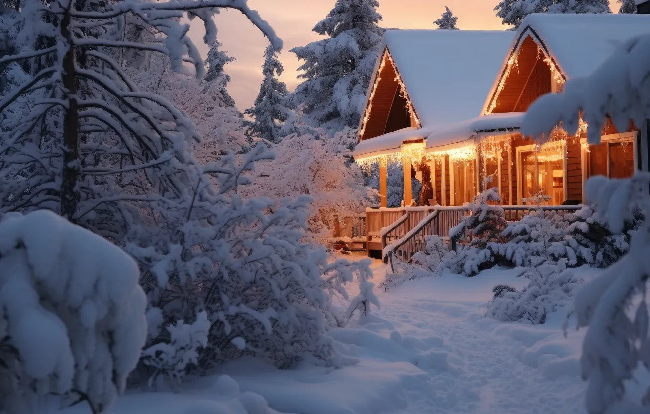Фото обои зима, лес, снег, домик, house, хижина, forest, winter