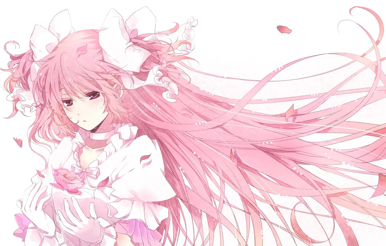Фото обои цветок, лепестки, девочка, бант, длинные волосы, mahou shoujo madoka magica, розовые волосы, kaname madoka