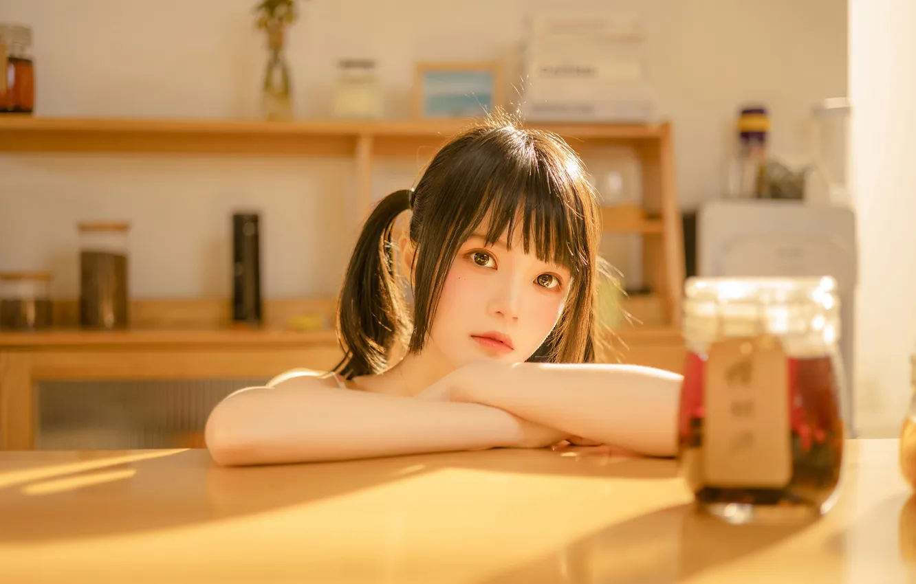 Фото обои Beautiful, Asian, Model, Table, Woman, Cute, Pretty, Petite