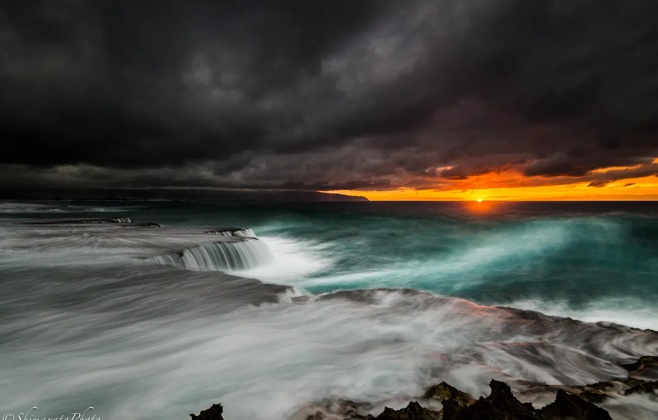 Фото обои гроза, пейзаж, шторм, океан, рассвет, туча