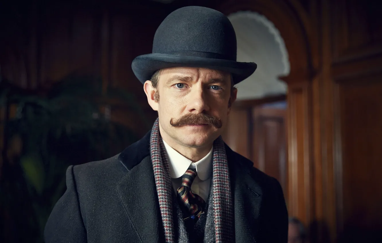 Фото обои усы, шляпа, Шерлок Холмс, Мартин Фримен, Sherlock, Sherlock BBC, Sherlock Holmes, Джон Ватсон
