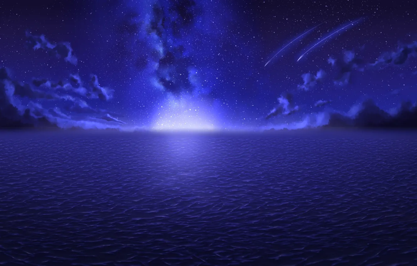 Фото обои море, облака, ночь, сияние, горизонт, Млечный Путь, звездное небо, звездопад