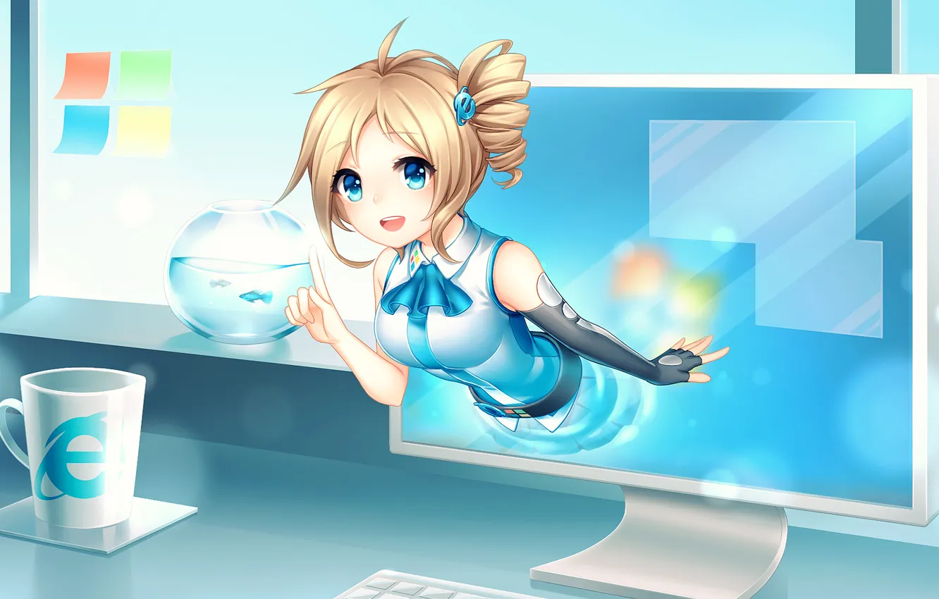 Фото обои взгляд, девушка, улыбка, монитор, жест, art, internet explorer, aizawa inori