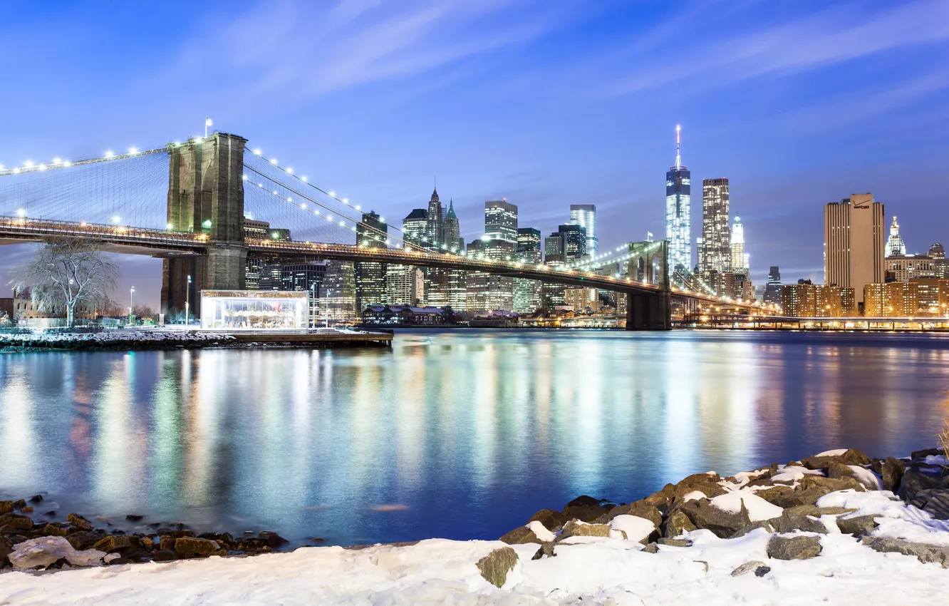 Фото обои зима, снег, ночь, мост, город, огни, небоскребы, USA