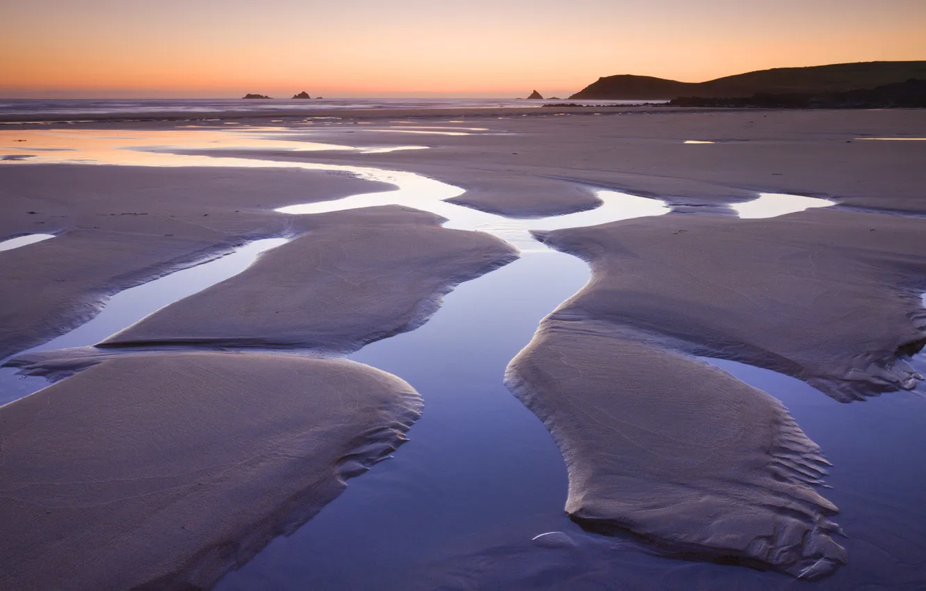 Фото обои песок, море, закат, берег, отлив, лужи