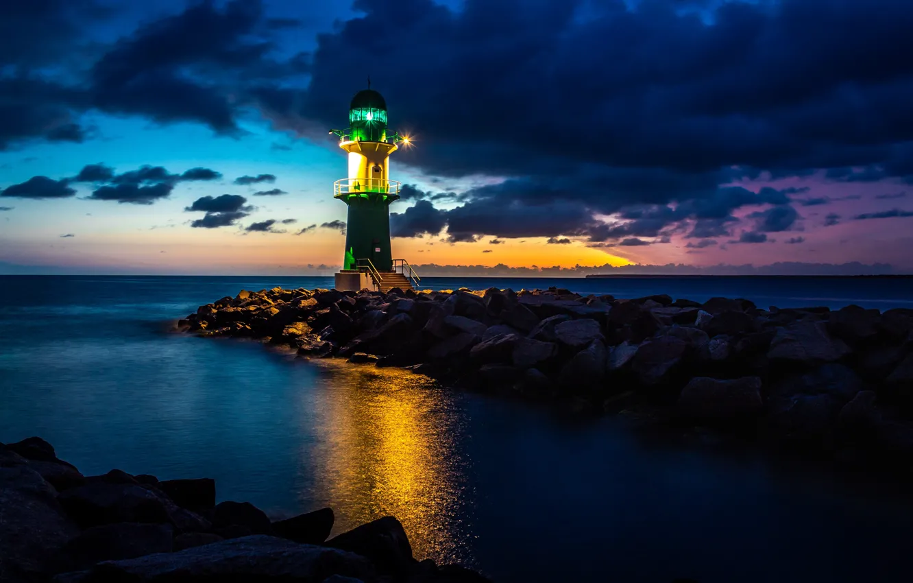 Фото обои побережье, маяк, вечер, Германия, Rostock