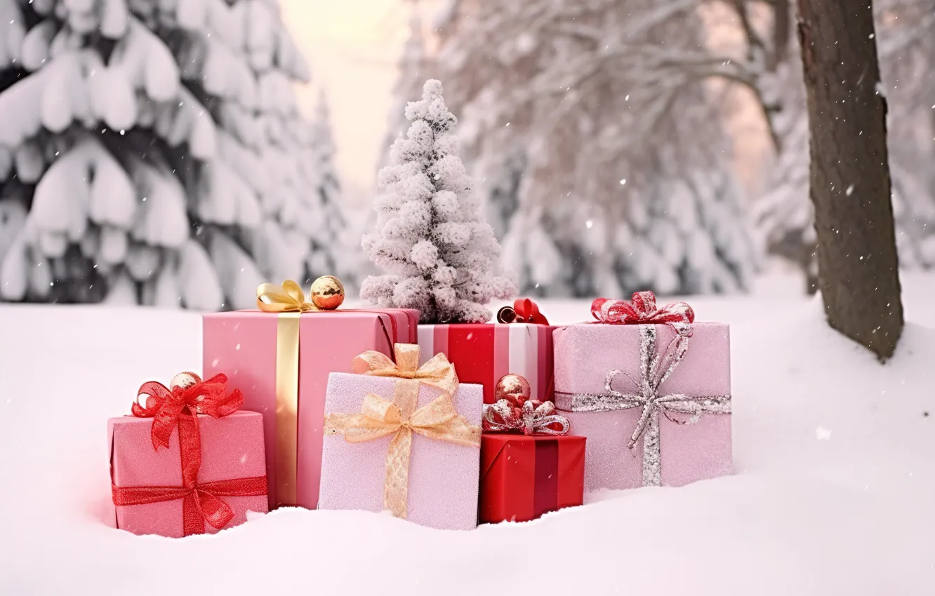 Фото обои зима, снег, украшения, шары, елка, Новый Год, Рождество, подарки
