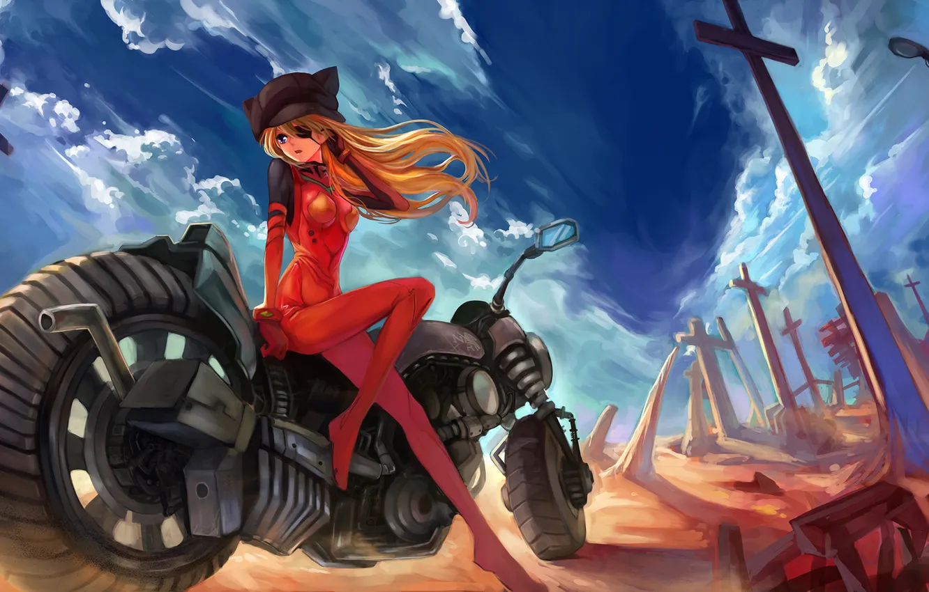 Фото обои девушка, поза, пустыня, мотоцикл, сидит, neon genesis evangelion, soryu asuka langley, art