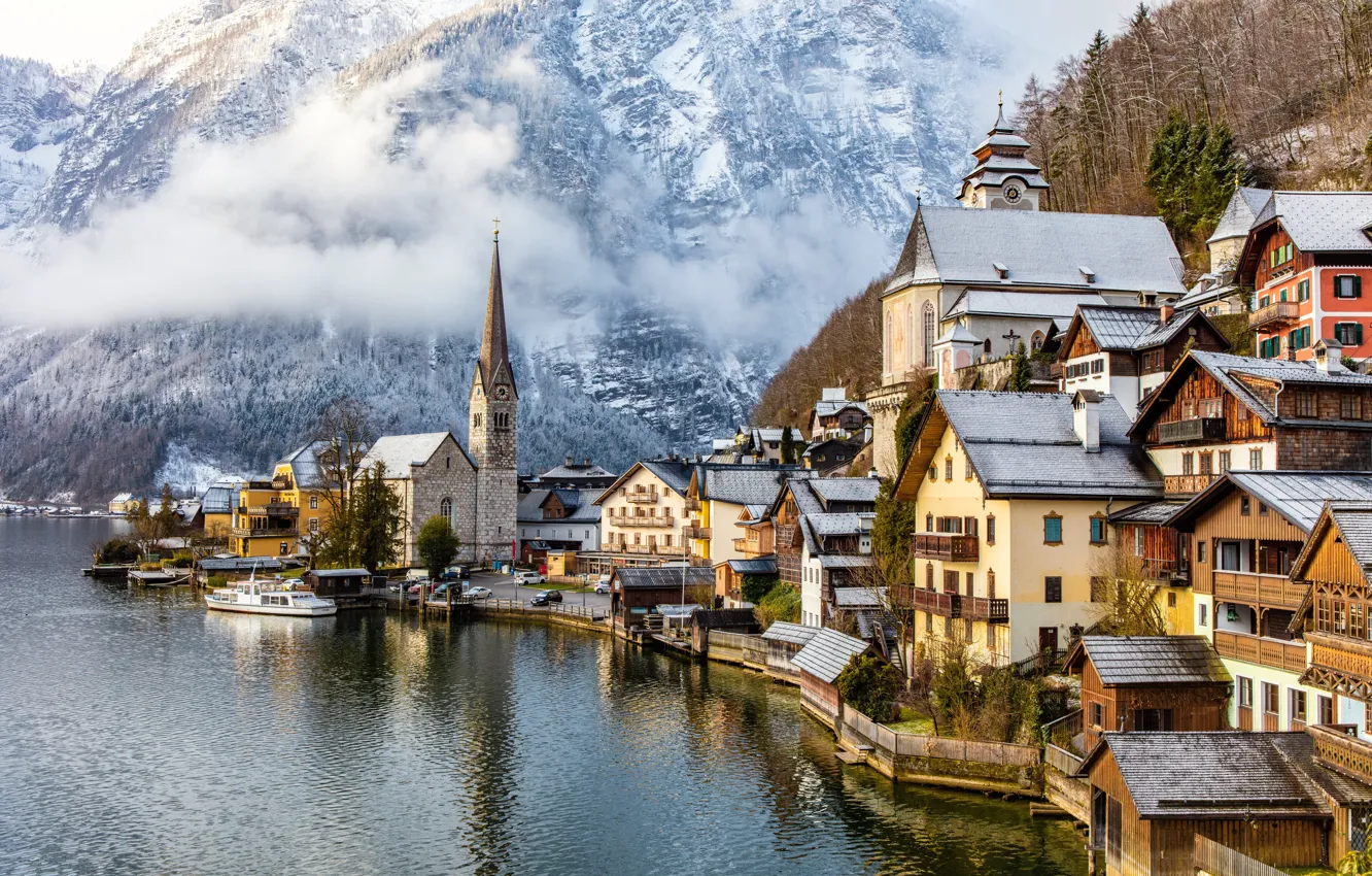 Фото обои горы, озеро, дома, Австрия, Альпы, Austria, Hallstatt, Alps