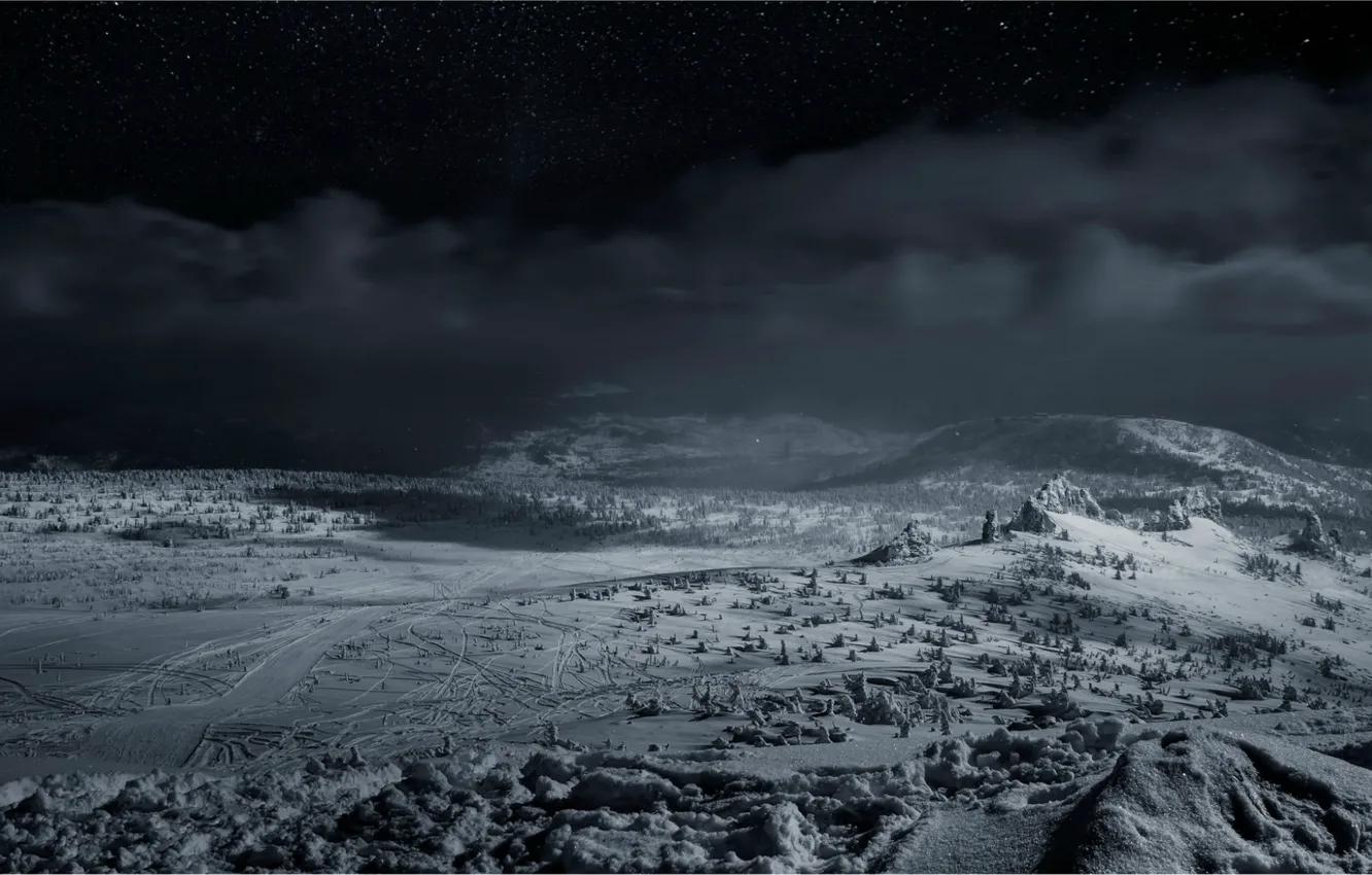 Фото обои зима, снег, ночь, Шерегеш, Кемеровская область, Каларское нагорье
