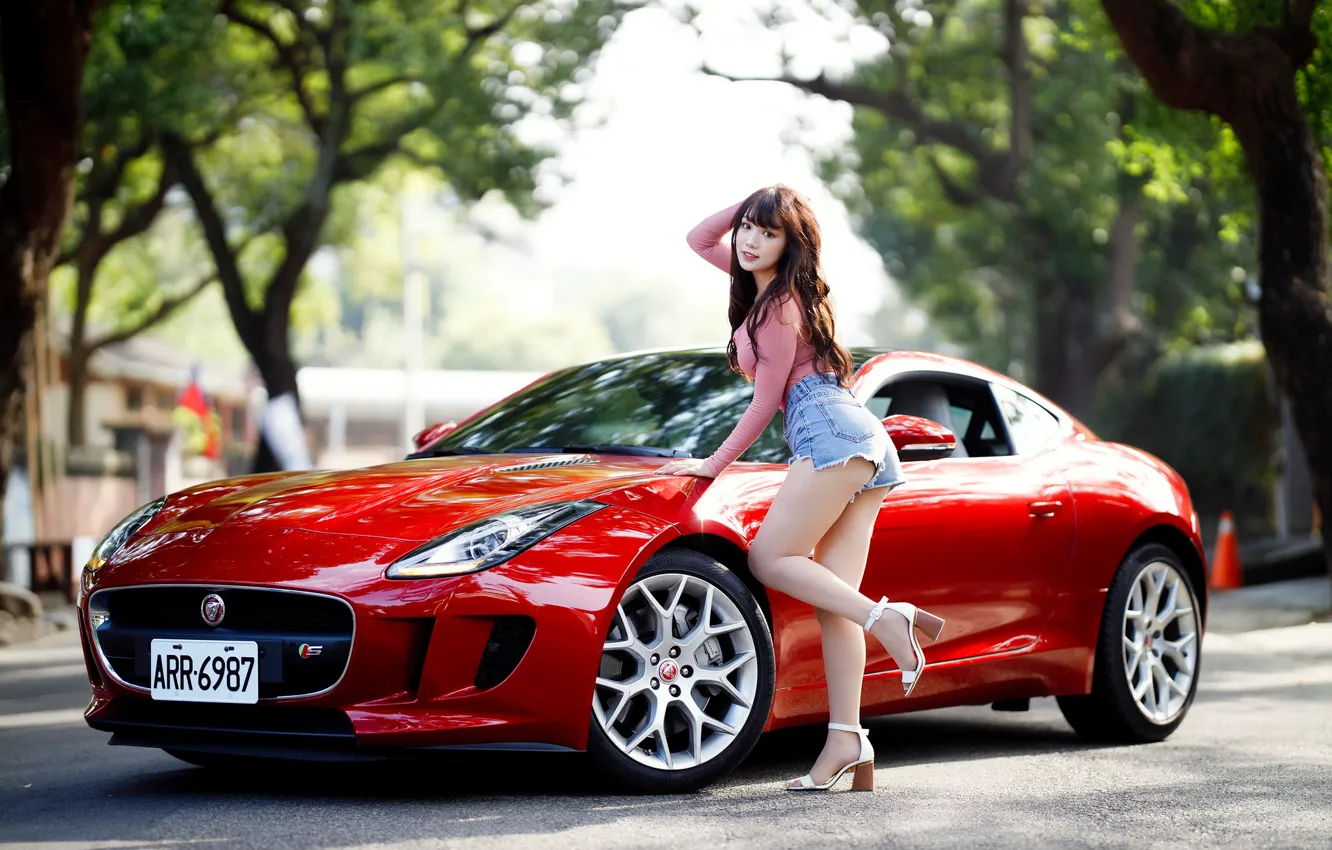 Фото обои авто, девушка, поза, Jaguar, азиатка, милашка