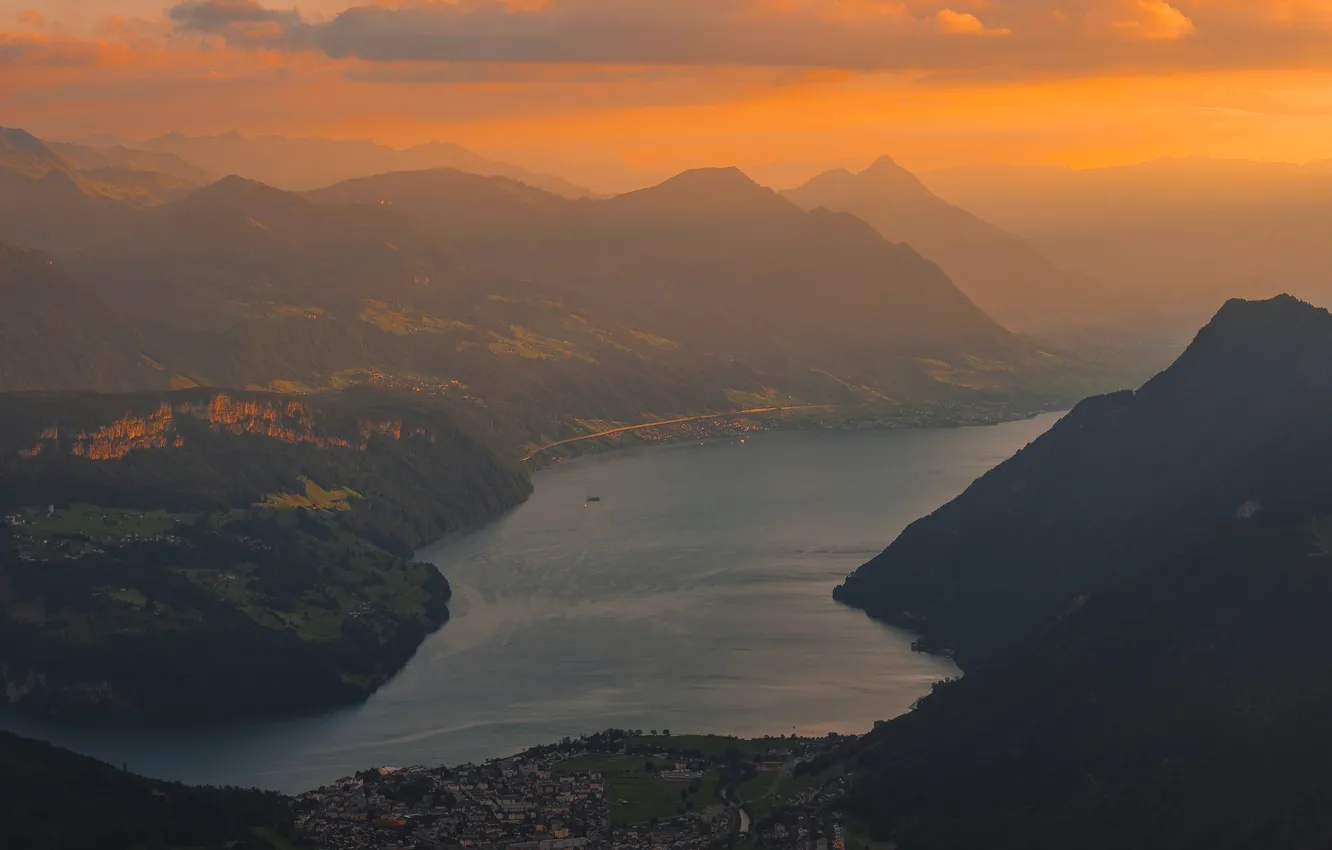 Фото обои закат, горы, река, панорама, Switzerland, Grosser Mythen, Marcel Bisig