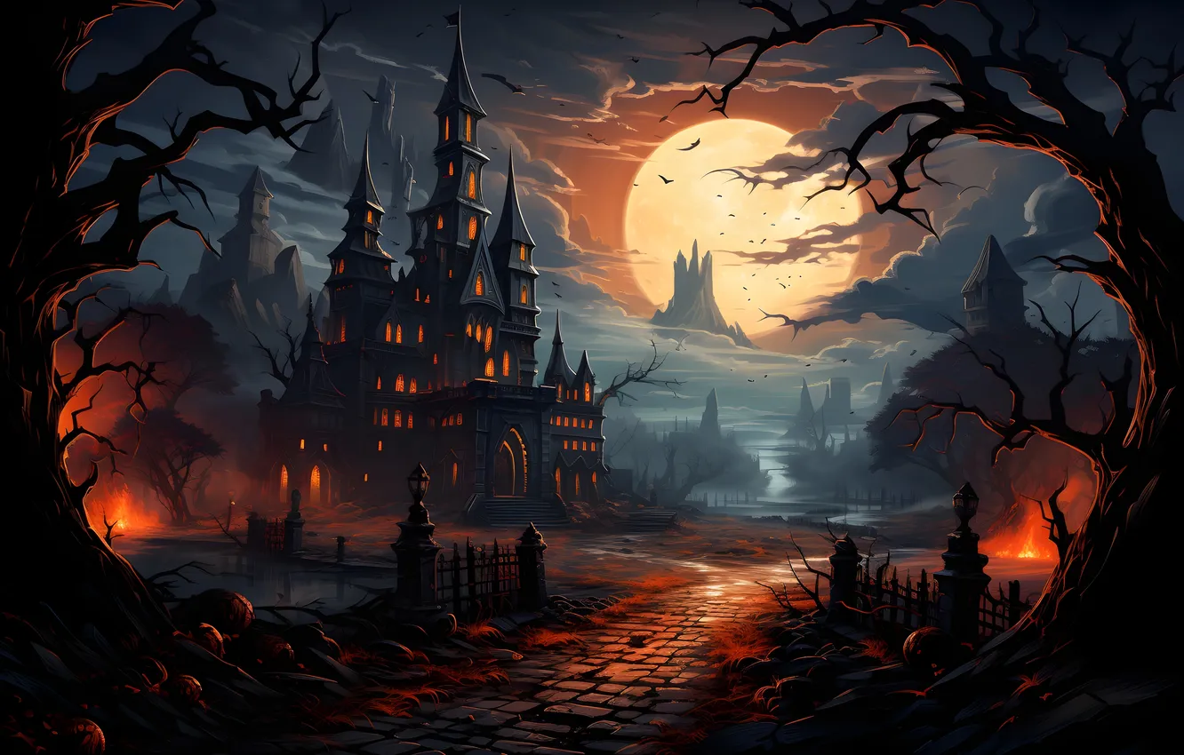 Фото обои Облака, Дома, Дорога, Огни, Ночь, Деревья, Луна, Halloween