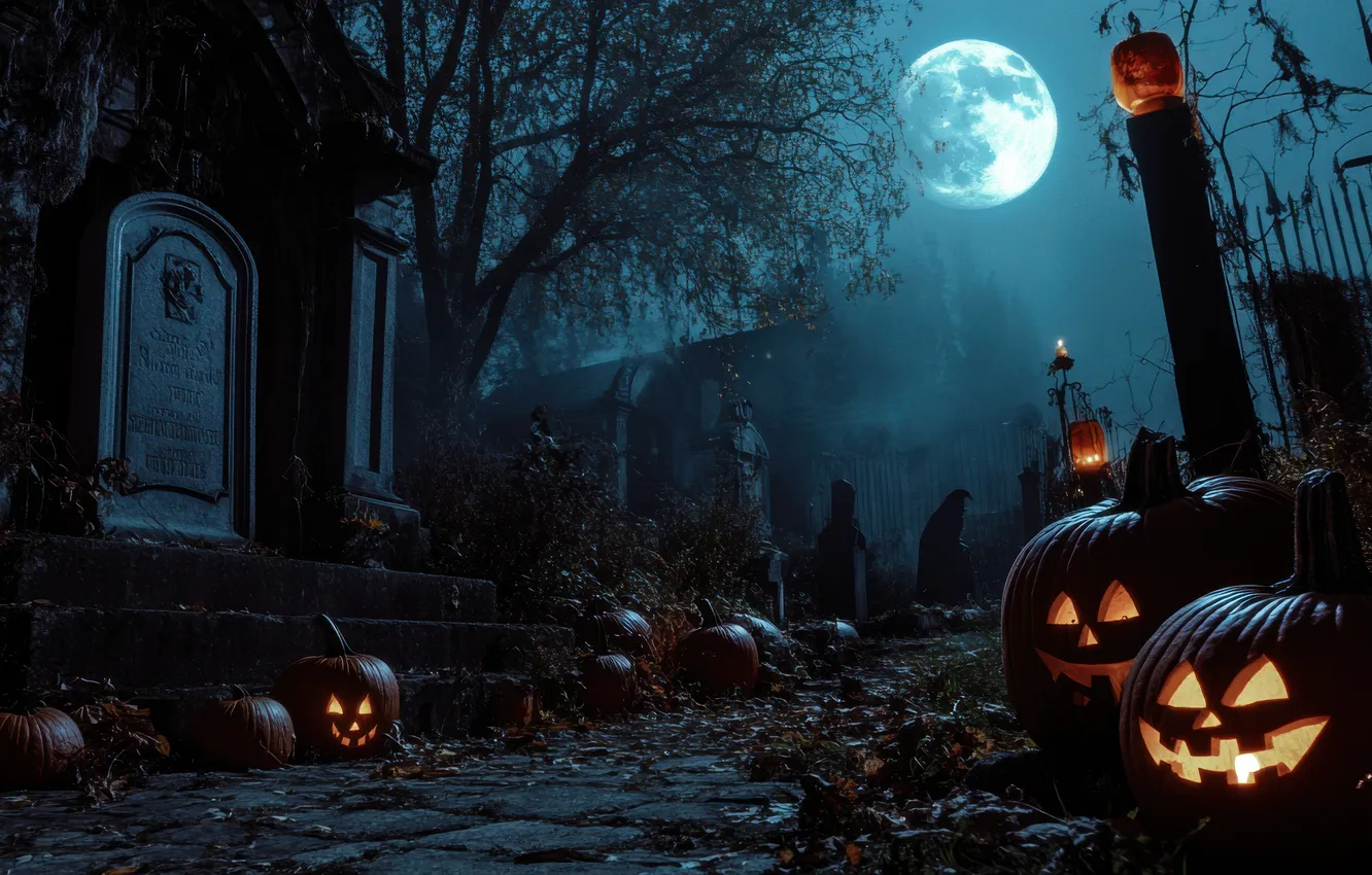 Фото обои Ночь, Деревья, Луна, Тыквы, Halloween, Хэллоуин, Цифровое искусство, Кладбище