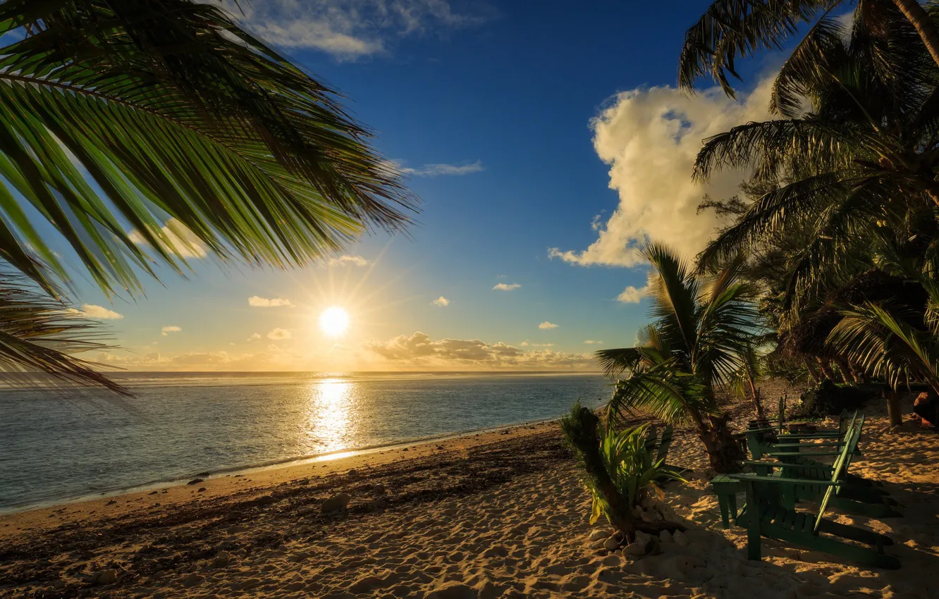Фото обои песок, пляж, закат, пальмы, океан, Острова Кука, Pacific Ocean, Тихий океан