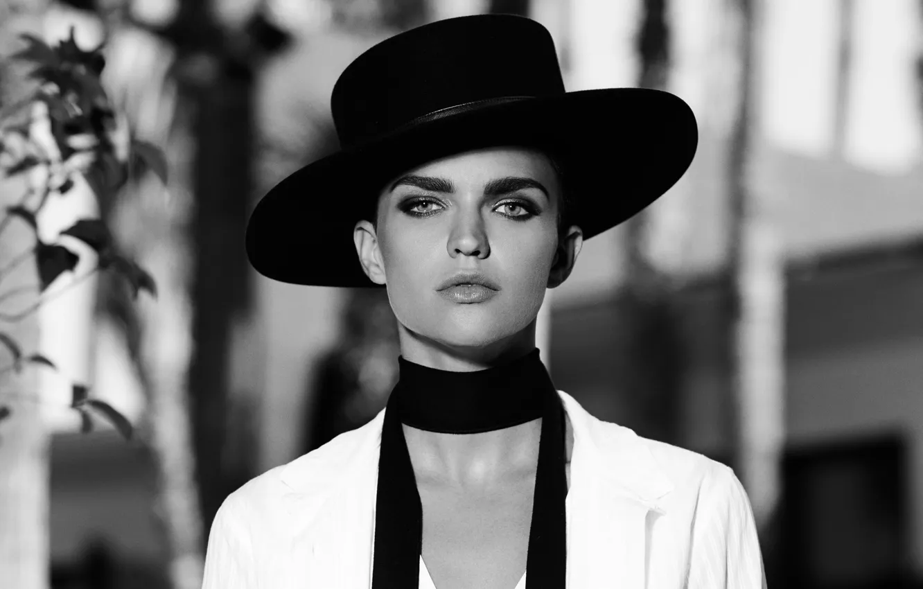 Фото обои шляпа, черно-белое, Ruby Rose